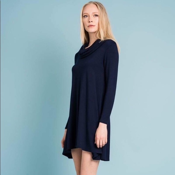 Navy Blue Long Sleeve Cowl Neck Jersey Swing Dress - Picture 3 of 4